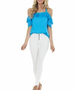 Do + Be Tops Cobalt Blue Cold Shoulder Blouse With Ruffle Detail