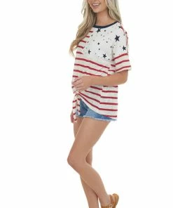 Hailey & Co Cranberry Striped Top With Black Star Contrast Tops