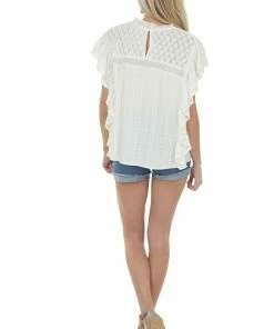 Eesome Tops Ivory High Neck Ruffle Sleeve Yoke Woven Top