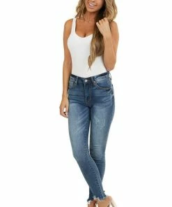 Special A Bottoms Dark Wash Mid Rise Ankle Cut Jeans With Distressed Hemline