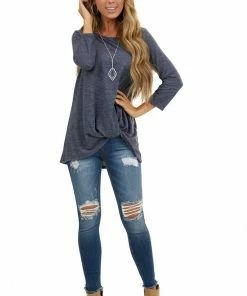 Kye Mi Heathered Navy Blue 3/4 Sleeve Top With Twisted Hem Detail