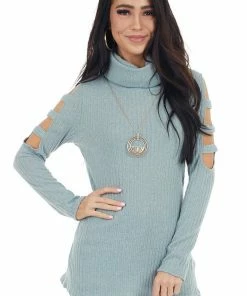 Lovely Melody Tops Sage Ribbed Knit Long Ladder Sleeve Cowl Neck Top