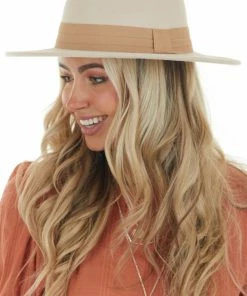 Fame Accessories Champagne Felt Wide Brim Pleated Ribbon Hat