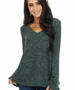 143 Story Dark Green Long Sleeve Top With Silver Thread Details