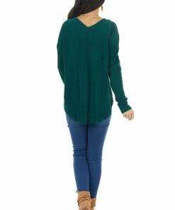 143 Story Dark Pine Long Sleeve Wide Neck Knit Top With Ribbed Detail Tops