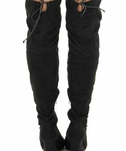CCOCCI Black Faux Suede Above The Knee High Heel Boots With Tie