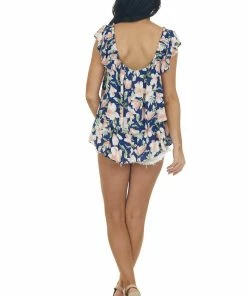 Ces Femme Tops Navy Floral Print Ruffle Tiered Woven Top