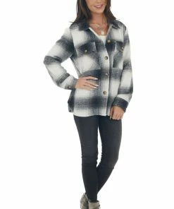 Umgee Black Plaid Button Down Brushed Shirt Jacket Tops 28 Umgee Black Plaid Button Down Brushed Shirt Jacket Tops