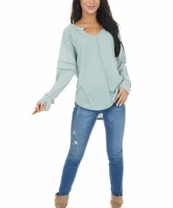 143 Story Tops Seafoam Waffle Knit Notch Neck Top With Reverse Seam Details
