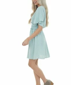 Umgee Arctic Blue Swiss Dot Smocked Waist Mini Dress