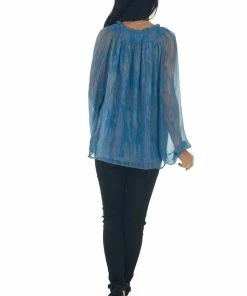 Andree Ocean Pearlescent Sheer Long Sleeve Blouse Tops