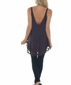 ANGIE Eggplant Knit Tank Top With Scalloped Lace Hemline Tops