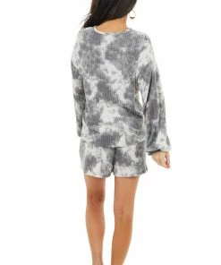 12PM Charcoal Tie Dye Print Waffle Knit Long Sleeve V Neck Top