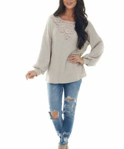 BiBi Latte Waffle Knit Long Sleeve Sheer Lace Top Tops