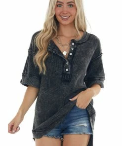 BiBi Washed Black Button Up Rounded Hem Thermal Top Tops
