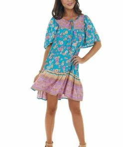 Umgee Dresses Teal Floral Print Short Dress With Front Tie