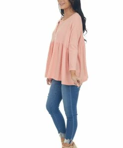 Ces Femme Tops Coral Babydoll 3/4 Sleeve Oversized Henley Knit Top