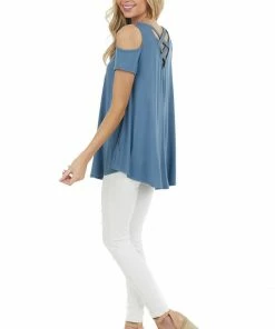CY Fashion Tops Ocean Blue Cold Shoulder Top With Criss Cross Back Detail