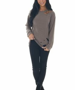 BiBi Coffee French Terry Laser Cut Out Knit Top Tops