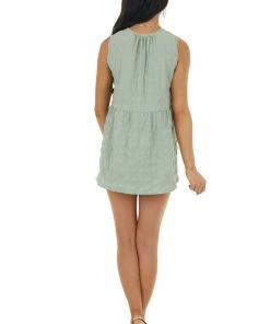Lime 'N' Chili Sage Babydoll Plaid Textured Sleeveless Top Tops