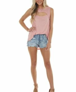 My Story Tops Baby Pink Sleeveless Stretchy Knit Top With Cut Out Detail