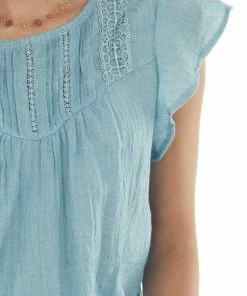 L Love Teal Short Ruffle Sleeves Woven Top With Lace Yoke 25 L Love Teal Short Ruffle Sleeves Woven Top With Lace Yoke