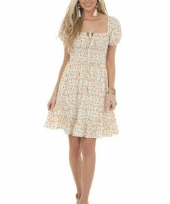 Sweet Lemon Ivory And Sunset Floral Smocked Short Dress