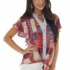 J.NNA Maroon Printed Top With Front Tie Detail