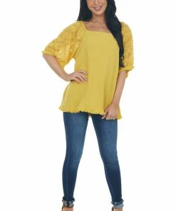 Umgee Mustard Floral Textured Mesh Sleeve Blouse Tops 29 Umgee Mustard Floral Textured Mesh Sleeve Blouse Tops