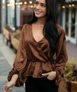 Peach Love Spice Leopard Print Surplice Peplum Blouse Tops