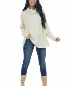143 Story Tops Cream Wide Fit Cowl Neck Brushed Knit Top