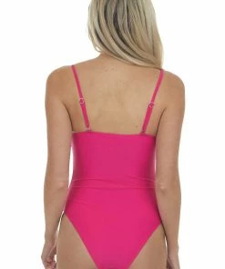 Davi & Dani Magenta Strapless Swimsuit With Gold Bar Detail