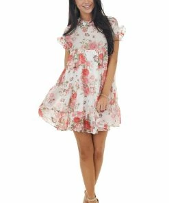 Bighit Fashion Ivory Floral Print Babydoll Short Dress With Short Sleeves Dresses