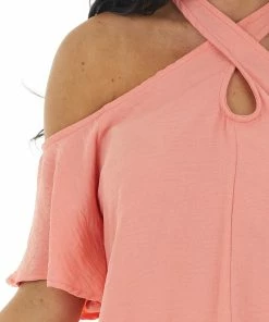 143 Story Tops Coral Cold Shoulder Blouse With Criss Cross Halter Neck