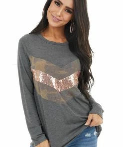 Lovely Melody Charcoal Long Sleeve Top With Sequin And Camo Details