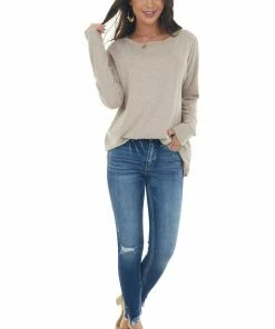 143 Story Tops Heathered Latte Criss Cross Back Cut Out Top