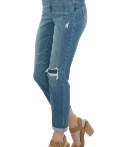 Judy Blue Medium High Rise Shredded Knee Boyfriend Jeans