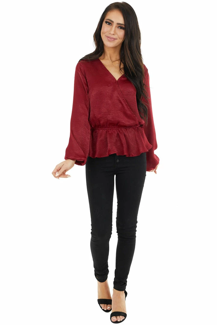 Caramela Burgundy Satin Surplice Blouse With Elastic Ruffle Hemline 15 Caramela Burgundy Satin Surplice Blouse With Elastic Ruffle Hemline