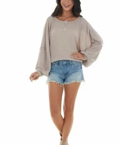 She + Sky Light Mocha Waffle Knit Puff Sleeve Loose Top Tops