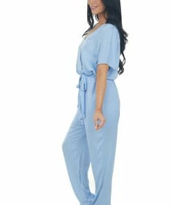 NAKED ZEBRA Dresses Powder Surplice Woven Short Sleeve Jumpsuit