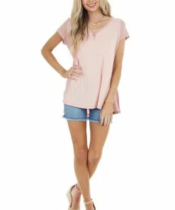 CY Fashion Tops Baby Pink Short Sleeve Knit Top With Dusty Blush Contrast