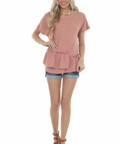 Wishlist Mauve Textured Woven Top With Asymmetrical Layered Peplum Tops