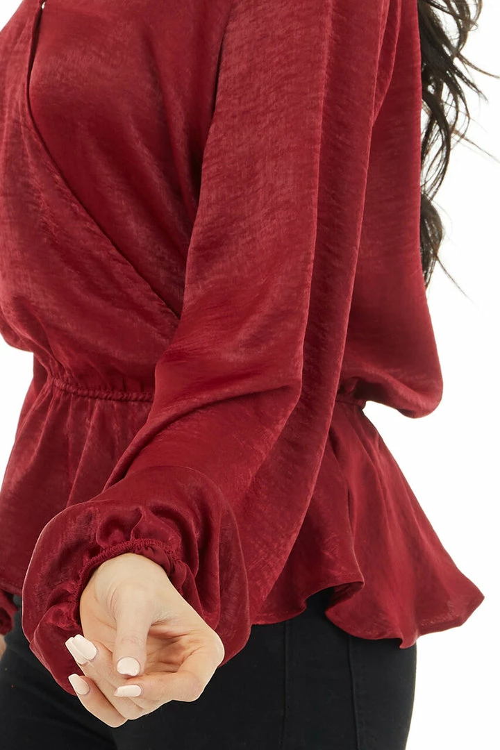 Caramela Burgundy Satin Surplice Blouse With Elastic Ruffle Hemline 16 Caramela Burgundy Satin Surplice Blouse With Elastic Ruffle Hemline