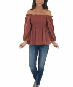 Hailey & Co Marsala Textured Smocked Bodice 3/4 Sleeve Top 32 Hailey & Co Marsala Textured Smocked Bodice 3/4 Sleeve Top