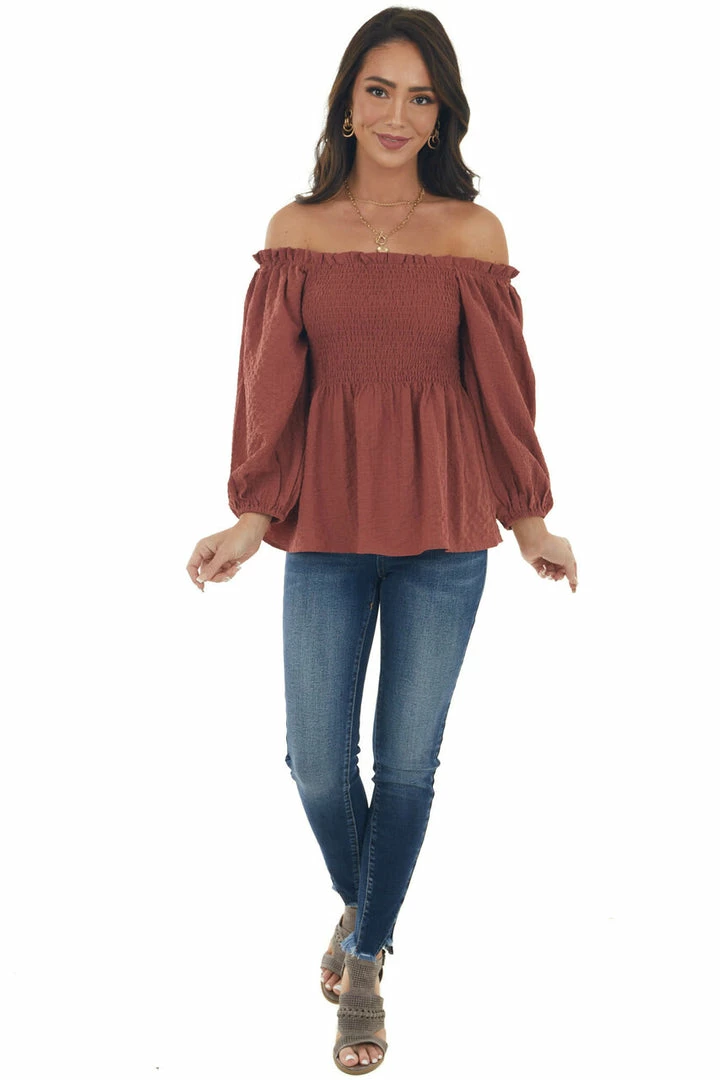 Hailey & Co Marsala Textured Smocked Bodice 3/4 Sleeve Top 17 Hailey & Co Marsala Textured Smocked Bodice 3/4 Sleeve Top