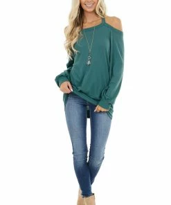 First Love Tops Pine Green Cold Shoulder Long Sleeve Top With Keyhole Detail
