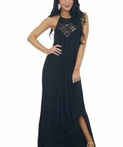 CY Fashion Dresses Midnight Black Sleeveless Maxi Dress With Front Lace Detail