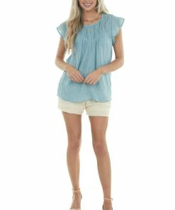 L Love Teal Short Ruffle Sleeves Woven Top With Lace Yoke 19 L Love Teal Short Ruffle Sleeves Woven Top With Lace Yoke