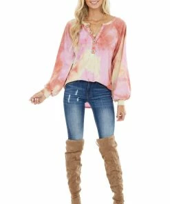 BiBi Dark Coral Tie Dye Knit Top With Long Bubble Sleeves Tops