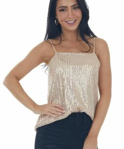 143 Story Tops Nude Sequin Square Neck Adjustable Strap Tank